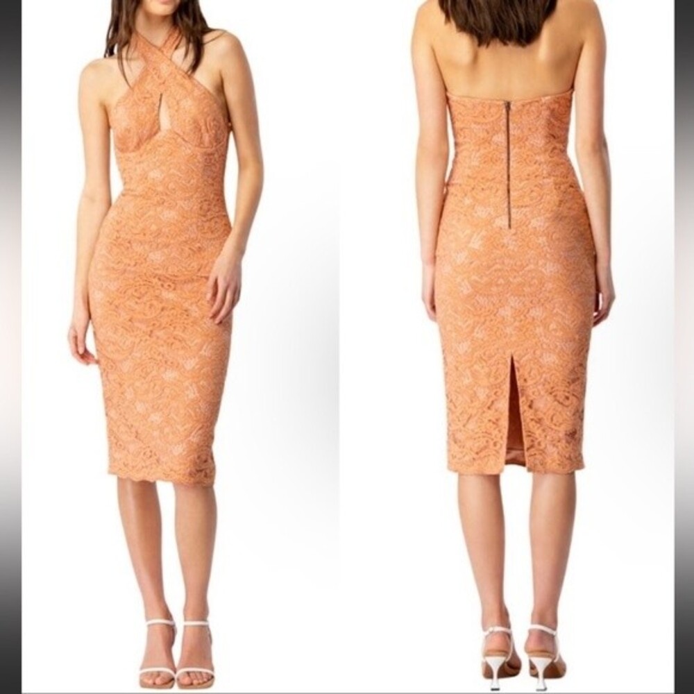Bardot Riviera Crossover Halter Neck Cutout Corset Dress in Peach Size 8